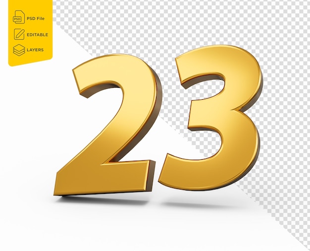 Ouro número 23 vinte e três em fundo branco brilhante 3d número 23 feito de ouro ilustração 3d