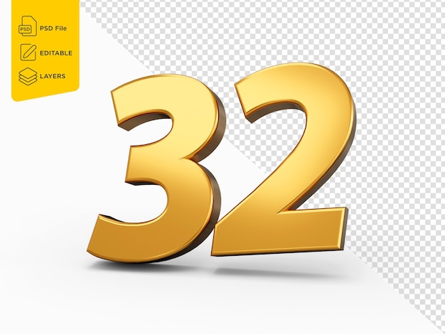 Ouro número 32 Trinta e dois isolados de fundo branco brilhante 3d número 32 feito de ouro ilustração 3d