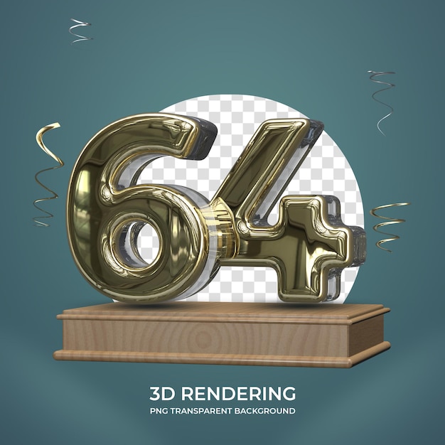 PSD ouro número 64 no palco 3d renderizar fundo transparente