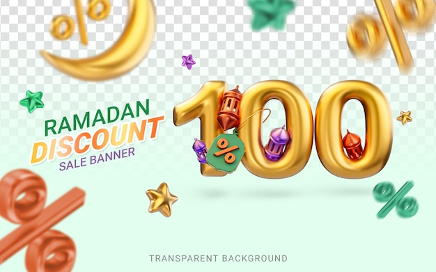 Ouro realista 100 por cento de desconto ramadan e eid super oferecem design de modelo de banner renderização 3d