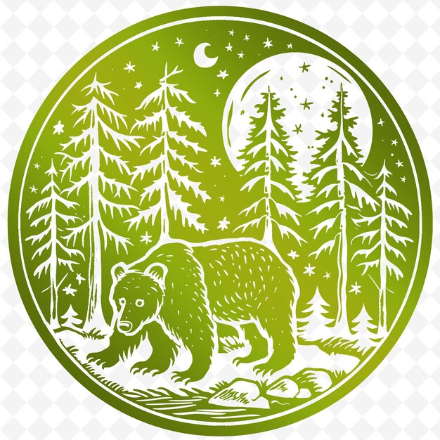 PSD un ours et des arbres dans la forêt avec une lune en arrière-plan