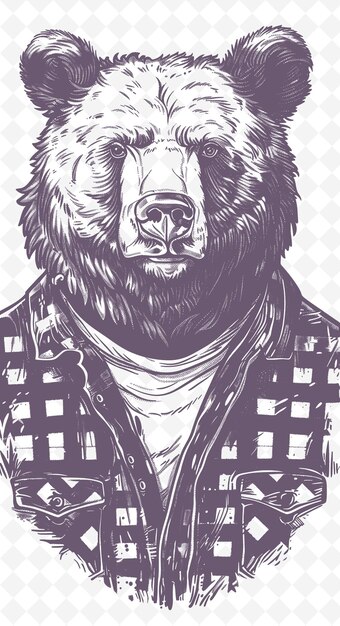 PSD un ours grizzli portant une chemise de bûcheron avec des animaux d'expression robustes sketch art vector collections