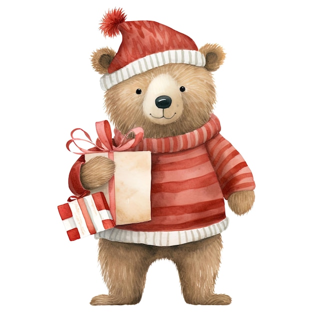 L'ours mignon dans le costume de Père Noël Clipart d'aquarelle festive sur fond blanc