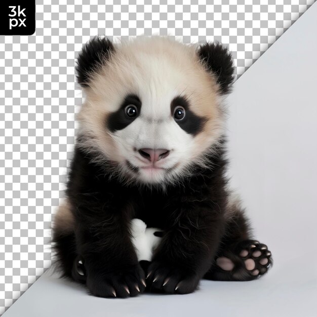 PSD un ours panda avec des yeux noirs et des yeux noirs est assis sur une surface blanche