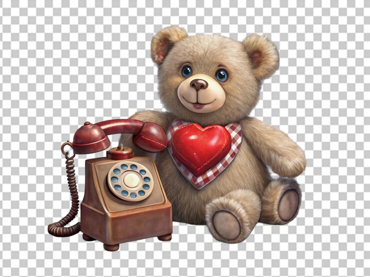 PSD un ours en peluche avec une boîte à coeur près d'un téléphone rétro