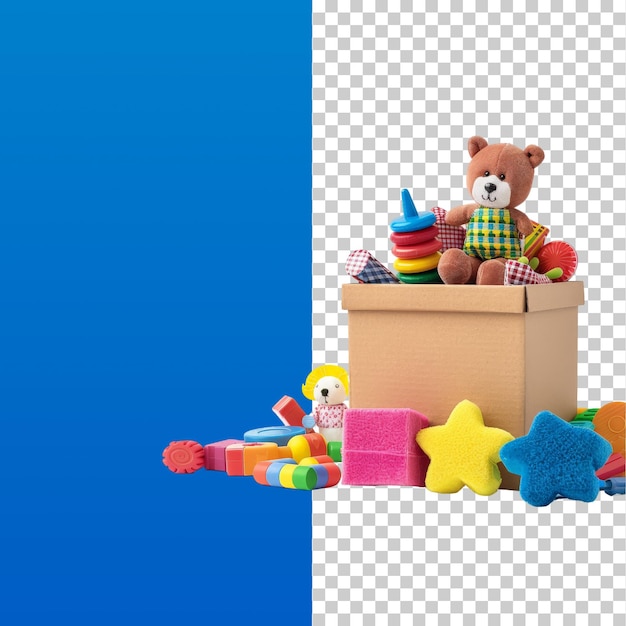 un ours en peluche est assis sur une boîte avec des jouets et des jouets