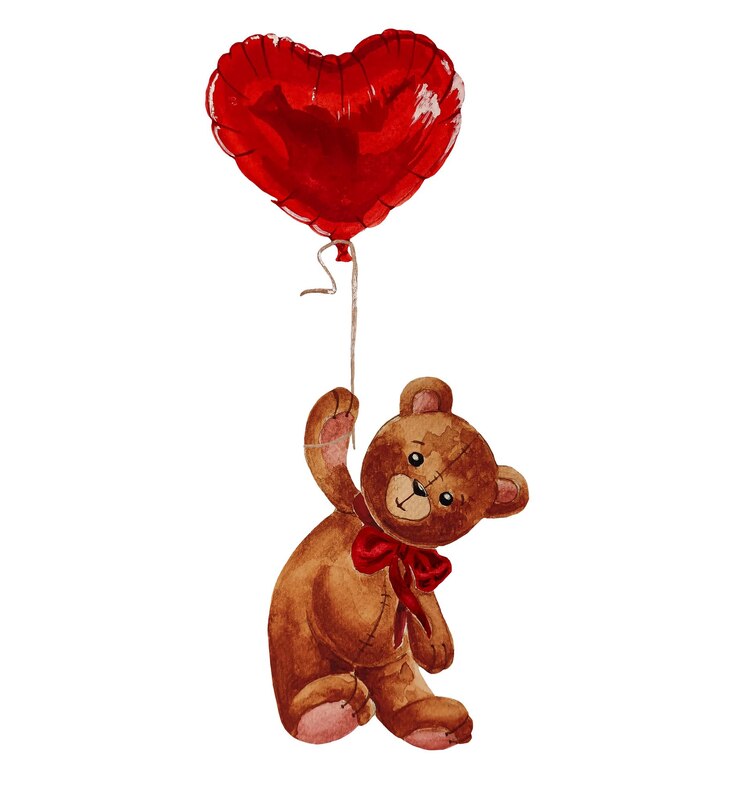 PSD ours en peluche mignon aquarelle avec ballon à air en feuille de coeur rouge