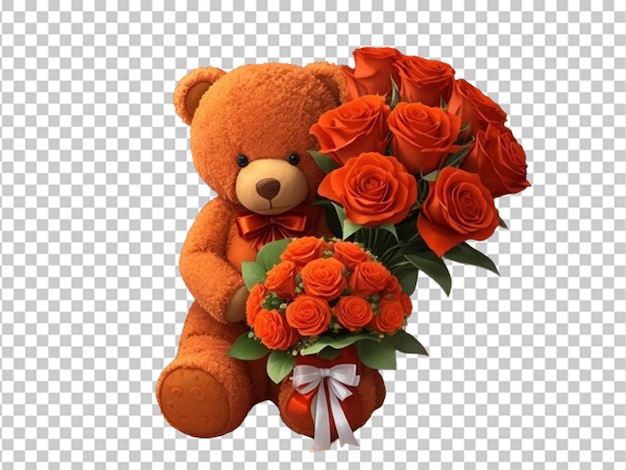 PSD un ours en peluche orange tenant un bouquet de roses rouges