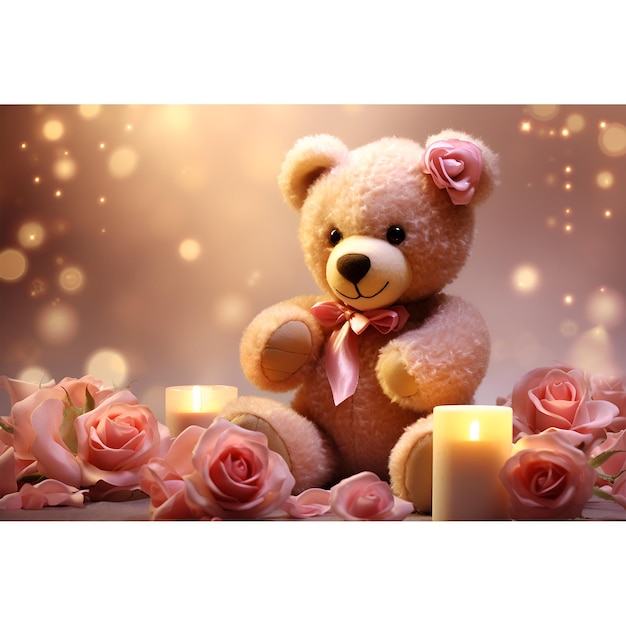 PSD l'ours en peluche et la rose rose illustration