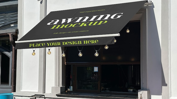 Outdoor cafe awning mockup psd template