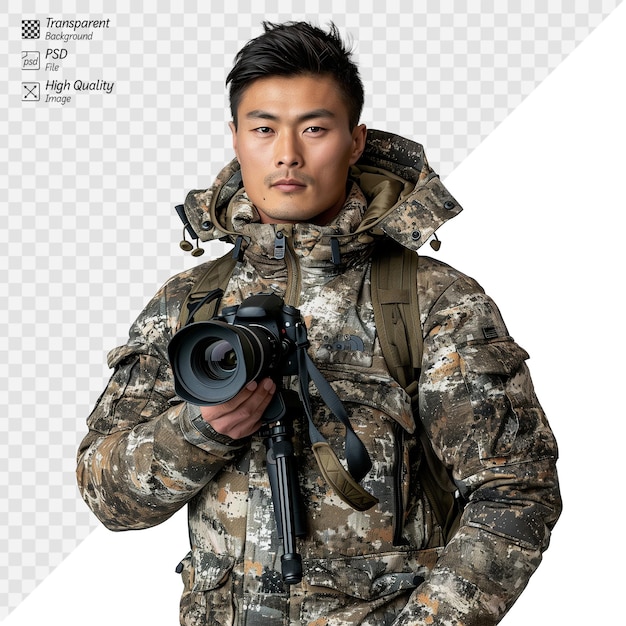 PSD outdoor photographer with camera and camouflage gear