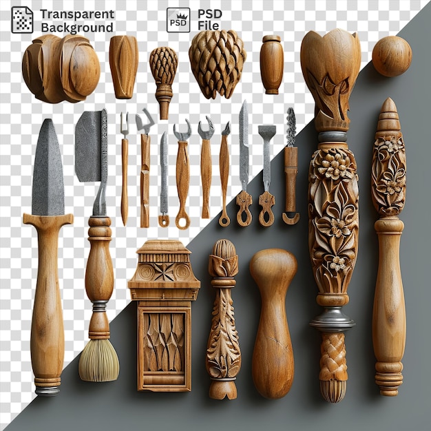 PSD outils de sculpture en bois équipés d'une variété de poignées, y compris du bois argenté et du brun, exposés contre un mur blanc