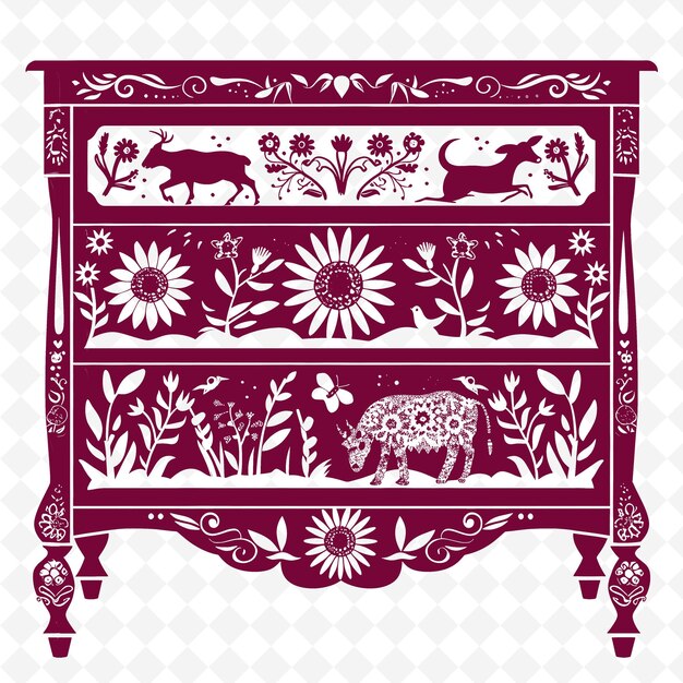 PSD outline de commode de style country avec des animaux de la grange et une collection de motifs de décoration d'illustration du soleil