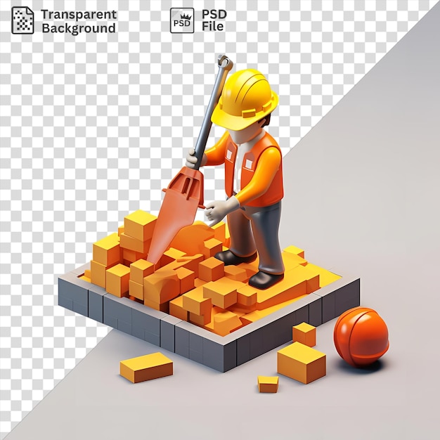 PSD ouvrier de la construction 3d unique construisant une structure avec une balle orange et un jouet en utilisant un casque jaune et tenant une poignée orange et noire tandis qu'une jambe grise est visible au premier plan