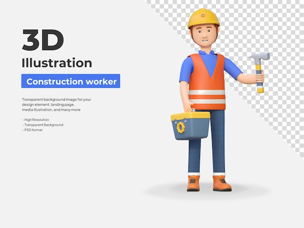 Un ouvrier de la construction portant un marteau et une boîte à outils illustration de personnage de dessin animé 3D