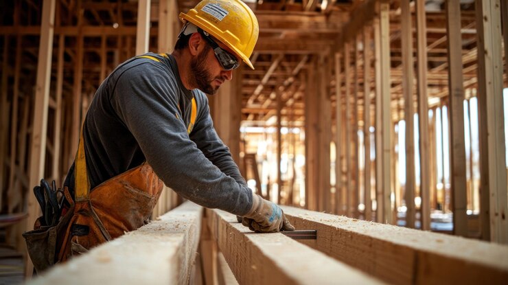 PSD un ouvrier de la construction qui porte un équipement de sécurité mesure une poutre de bois alors qu'il travaille sur une nouvelle maison.