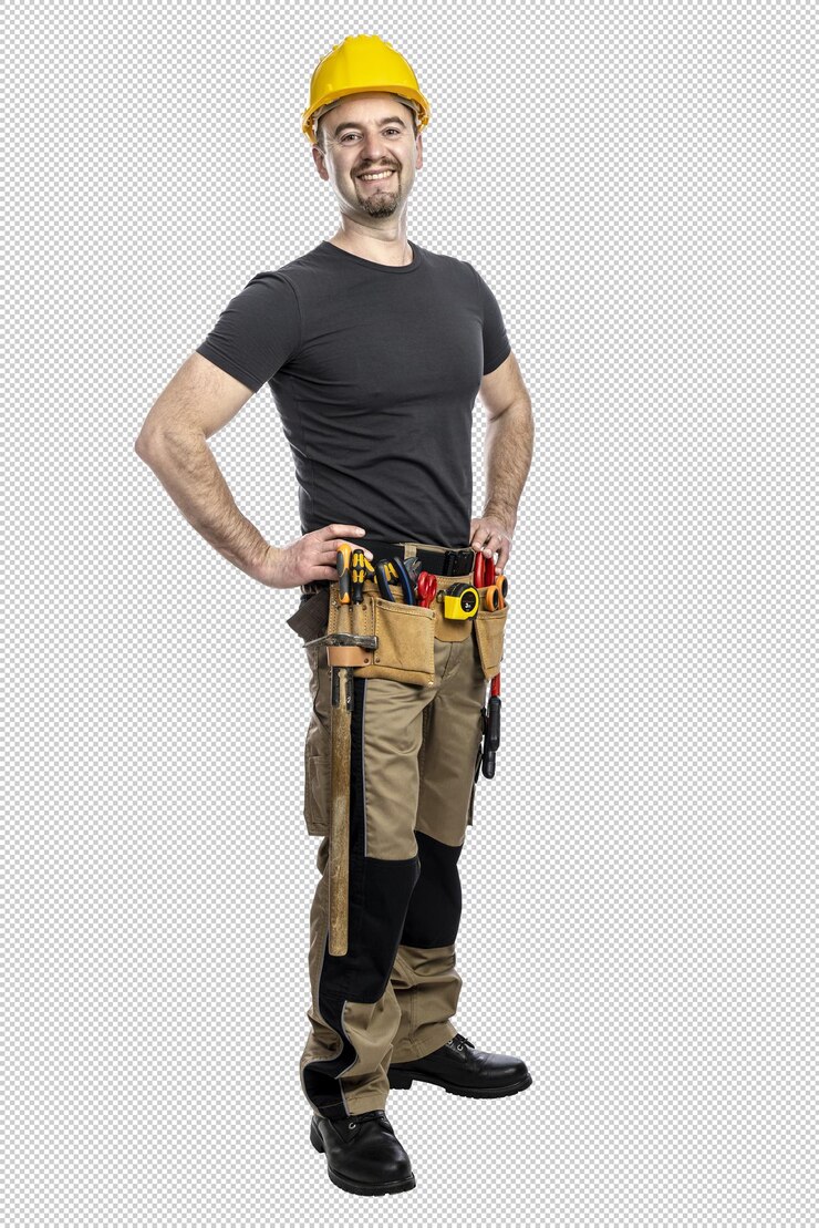 PSD un ouvrier de la construction souriant prêt pour le travail.