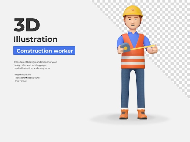 Un ouvrier de la construction tenant une règle et un outil de mesure à ruban 3D illustration de personnage de dessin animé