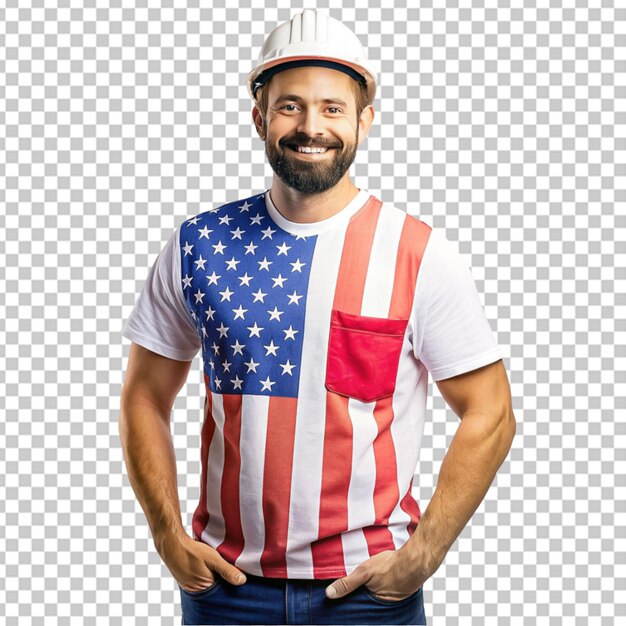 Ouvrier Portant Un T-shirt Avec Le Drapeau Américain Couleur Fond Transparent