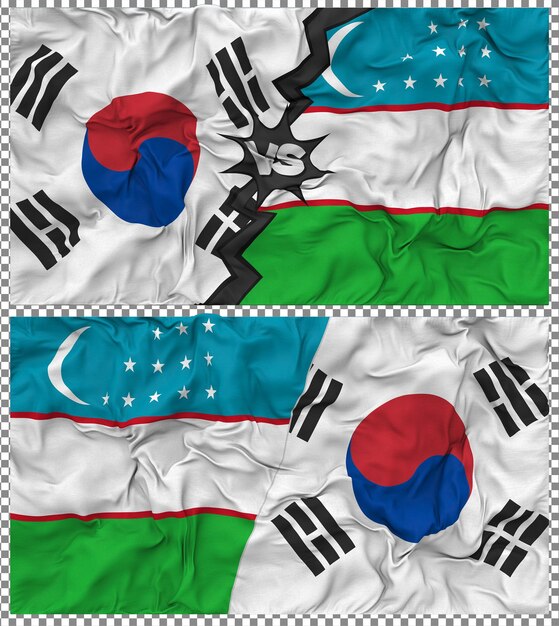 Ouzbékistan contre la Corée du Sud Half Combined Flag Cloth Bump Texture Rendering 3D