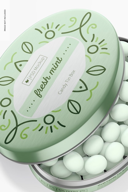 Oval candy tin box mockup, nahaufnahme