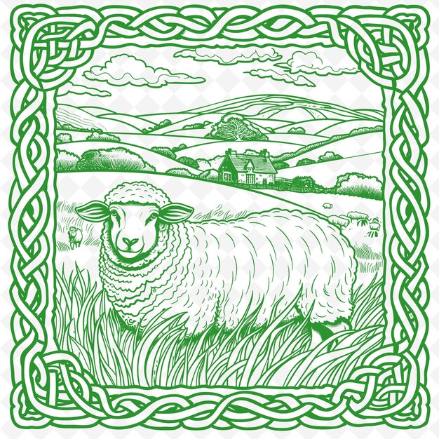 PSD una oveja en un marco verde con un fondo verde con una frontera verde