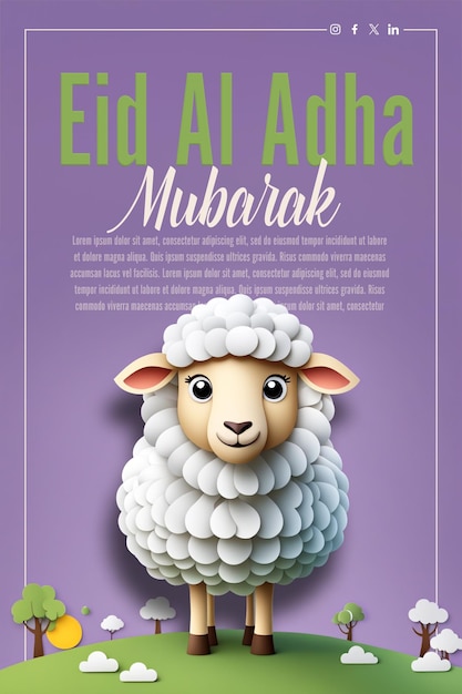 Las ovejas son personajes de dibujos animados, estilo de arte en papel, psd, cartel de felicitación de eid al-adha, plantilla de cartel de eid al-adha.