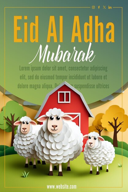 PSD ovelha desenho animado personagem estilo de arte de papel psd eid aladha cartaz de saudação eid aladdha modelo de cartaz