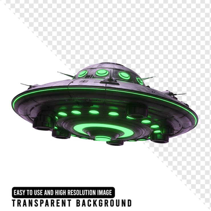 PSD ovni futurista com luzes verdes brilhantes em um fundo transparente