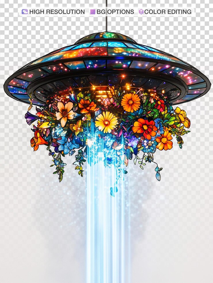 PSD un ovni de vidrio pintado emitiendo flores coloridas por la noche
