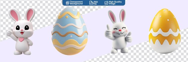 PSD ovos de páscoa e 3d bunny set feliz páscoa em cartoon 3d render.