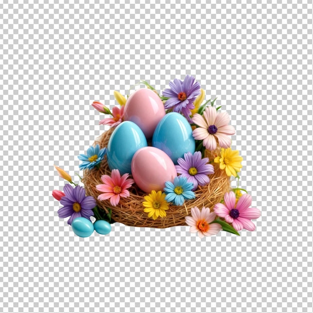 PSD ovos de páscoa e flores em uma ilustração de ninho