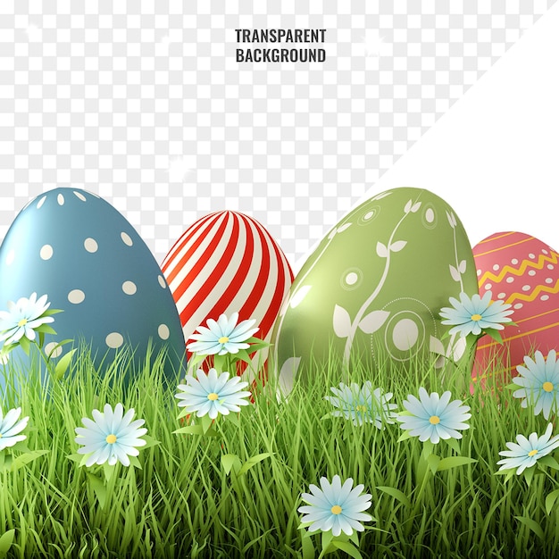 ovos de páscoa transparentes de fundo de dia de páscoa com grama e flores azuis