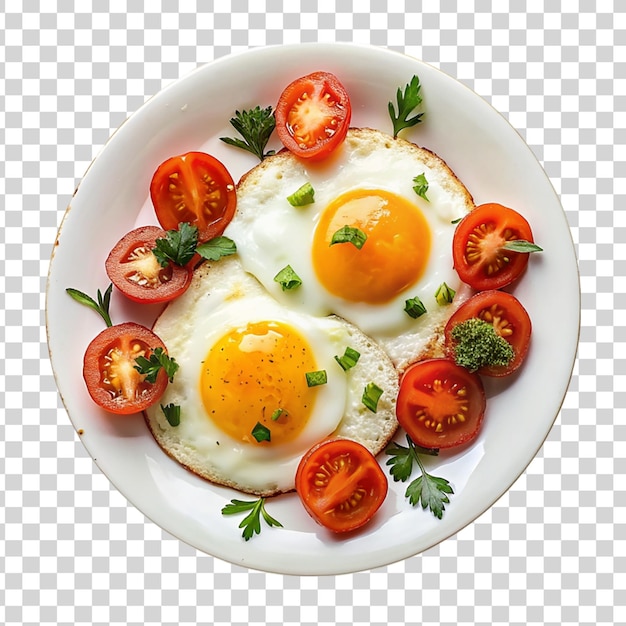 PSD ovos fritos com tomates num prato isolado sobre um fundo transparente