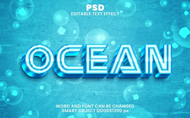 PSD ozean 3d bearbeitbarer photoshop-texteffektstil mit modernem hintergrund