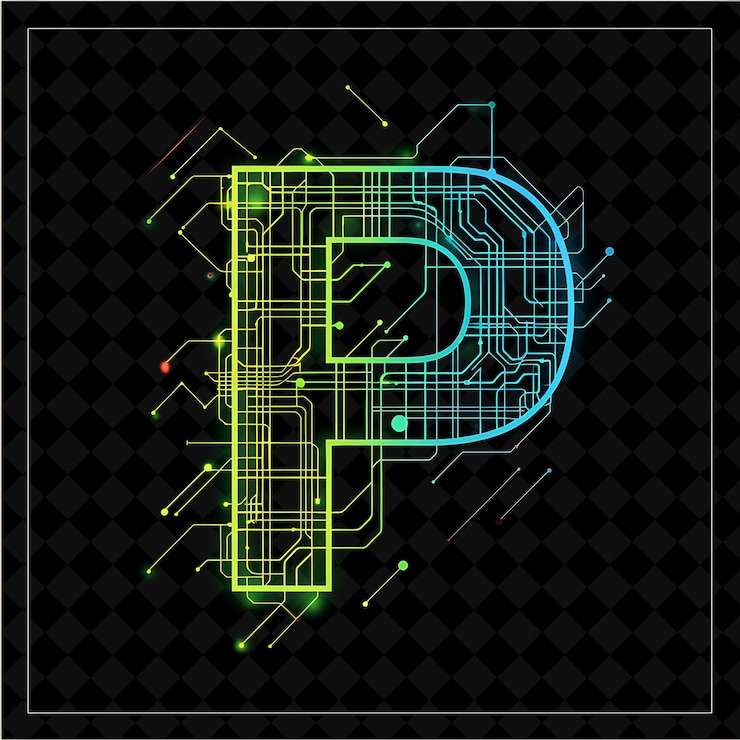 PSD p-buchstaben mit neon beleuchteten akzenten und circuit neon color y2k shape art collection