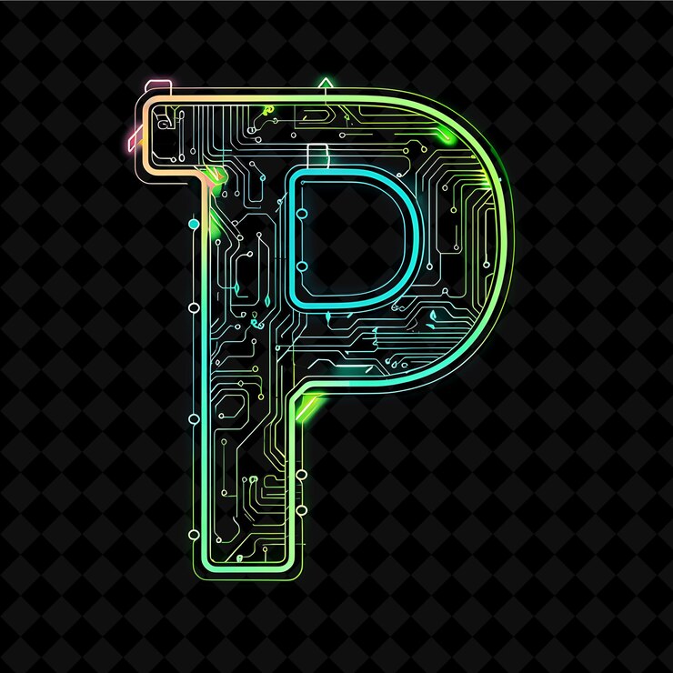 PSD p-buchstaben mit neon beleuchteten akzenten und circuit neon color y2k shape art collection
