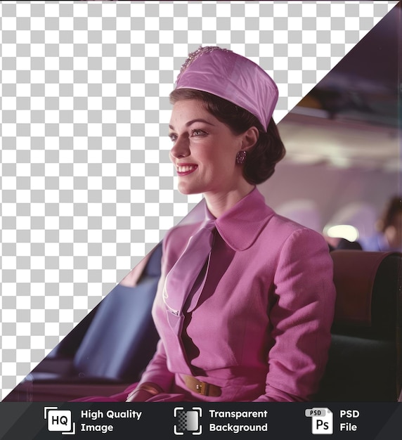 P.s.d. bild stewardess in rosa hemd und hut sitzt in einem flugzeug lächelnd, während sie einen goldenen und braunen gürtel trägt, ihr braunes haar fällt über ihre schultern, während sie aus dem fenster starrt mit