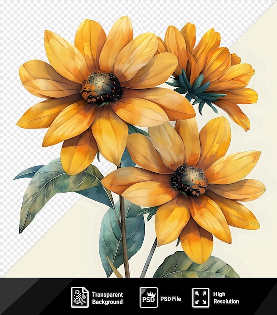 P.s.d. bild wunderschönes aquarell rudbeckia blüten clipart und blätter aquarell blumenelemente aquarellblumen aquarell gemälde aquarell sonnenblumen sonnenblume png psd