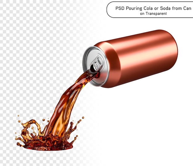 P.S.D. und P.N.G. Cola und Soda spritzen aus Dosen, isoliert auf durchsichtigem Hintergrund.