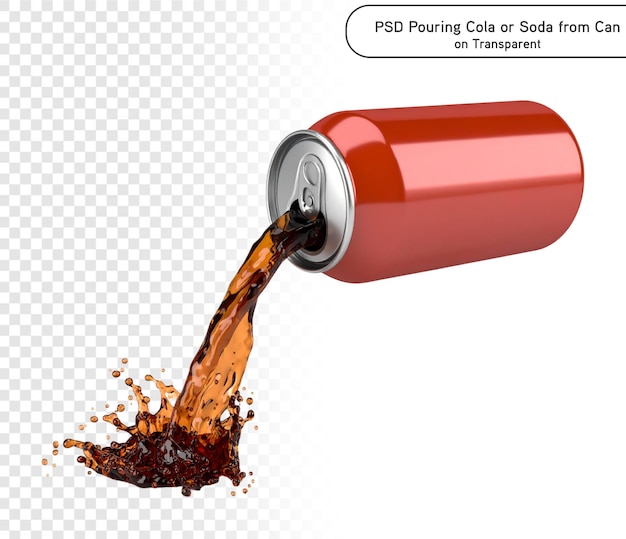 P.S.D. und P.N.G. Cola und Soda spritzen aus Dosen, isoliert auf durchsichtigem Hintergrund.