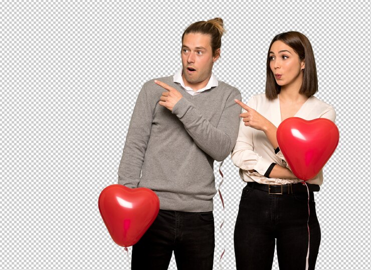 PSD paar am valentinstag überrascht und seite zeigen