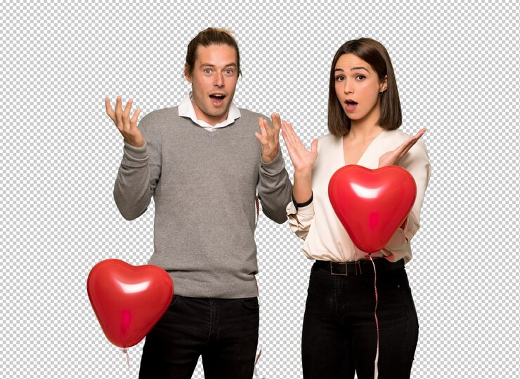 PSD paare am valentinstag mit überraschung und entsetztem gesichtsausdruck