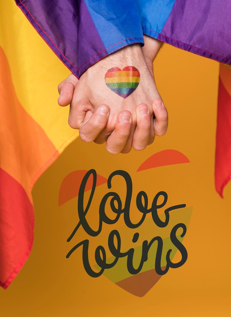 PSD paare von männern im liebeshändchenhalten am tag des homosexuellen stolzes. liebe gewinnt