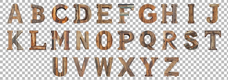 PSD pacchetto alfabeti da a a z in stile rustico in legno impostato su uno sfondo trasparente per disegni ispirati alla natura vintage branding o applicazioni di tipografia terrosa