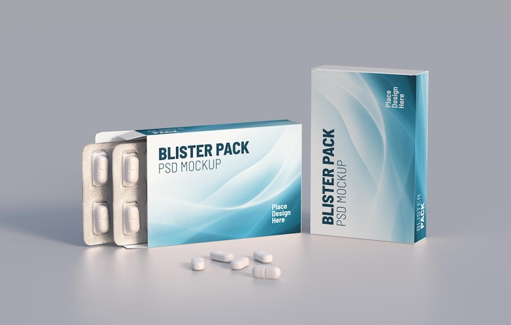 Pacchetto con due blister con pillole di medicinali Modello di mockup rendering 3d