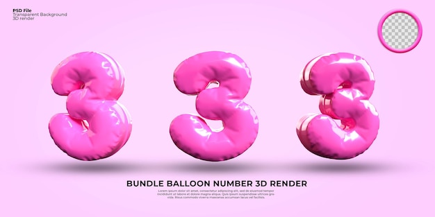Pacchetto di 3D Render numero 3 palloncino colore rosa, trasparente