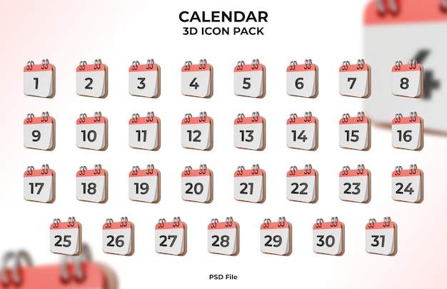 Pacchetto di icone del calendario 3D con promemoria di data e programmazione