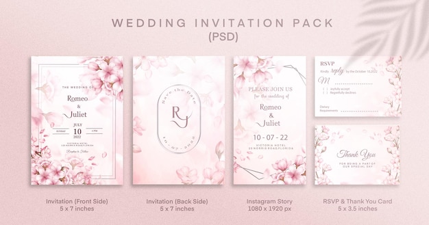 Pacchetto di inviti di nozze rosa con RSVP grazie e storia di Instagram