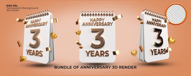 Pacchetto di rendering 3D numero di compleanno di 3 anni anniversario, stile oro, festa dell'età, stile di lusso